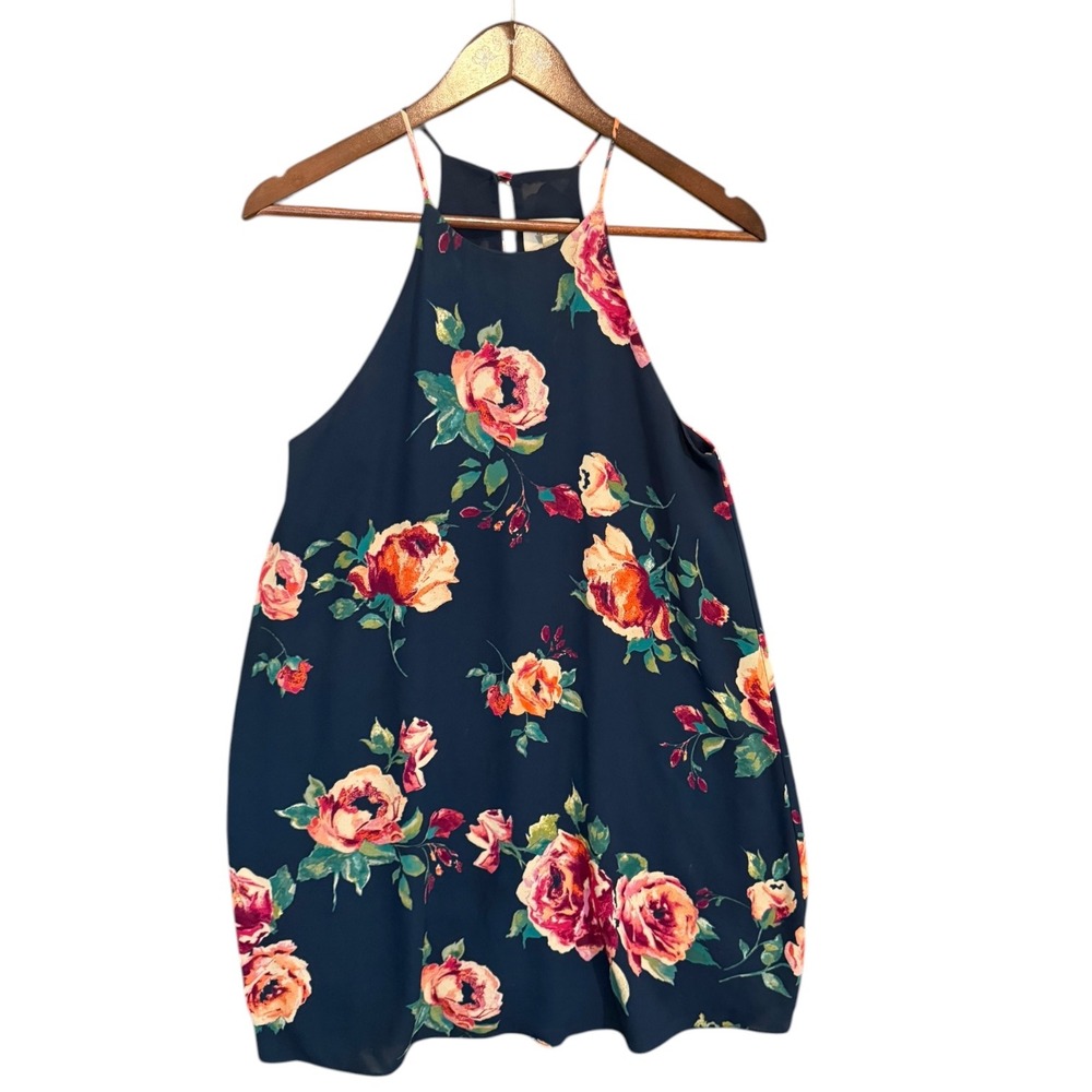 Everly‎ Navy Blue Floral Halter Mini Dress Sleeveless Rose Print Sz Small Garden